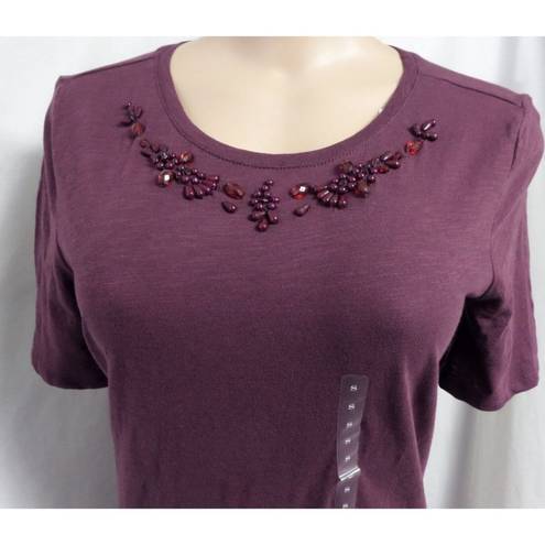 The Loft "" PLUM BEADED NECKLINE SHORT SLEEVES SCOOP NECK T-SHIRT TOP SIZE: XS NWT