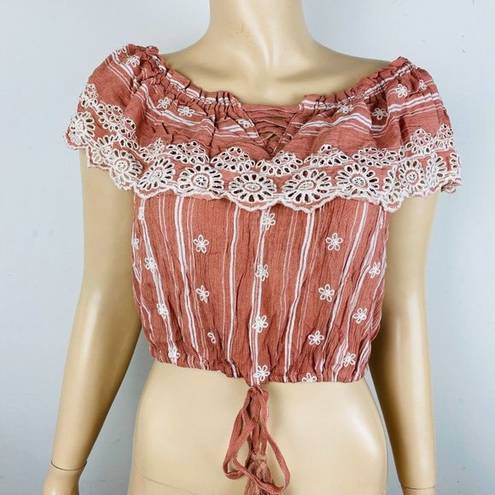 Poof  Cute Cinnamon Color Bohemian Embroidered Detail Women's L Off Shoulder Top