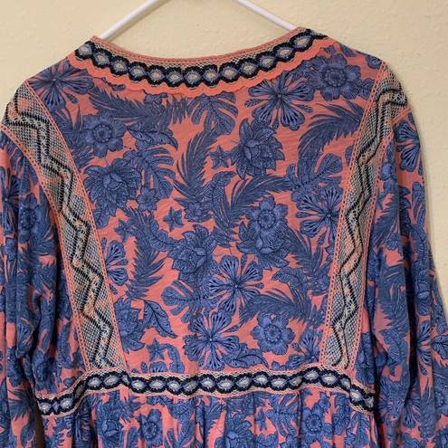 J.Jill  Pink Blue Floral Boho Tunic Peasant Blouse Size M