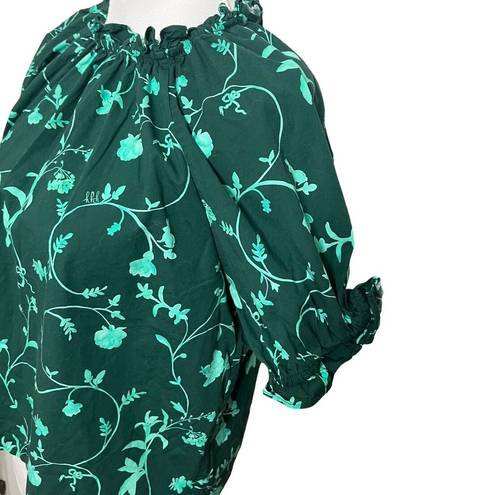 Hill House  The Kit Ruffle Puff Sleeve Top Green Botanical Blouse Womens Size M