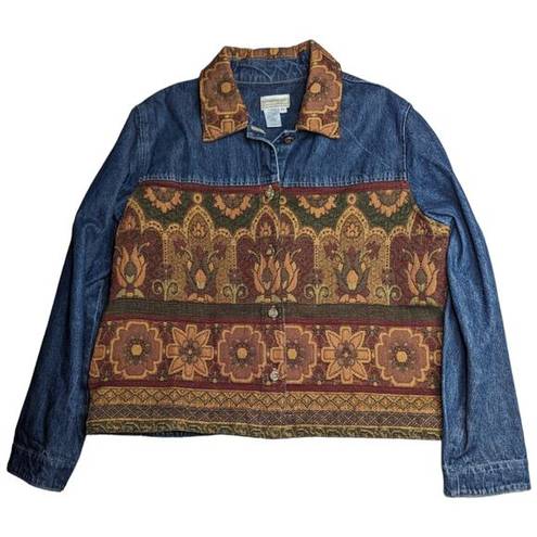 Coldwater Creek Vtg Y2K  Denim Floral Tapestry Button Up Collared Shirt Jacket PL