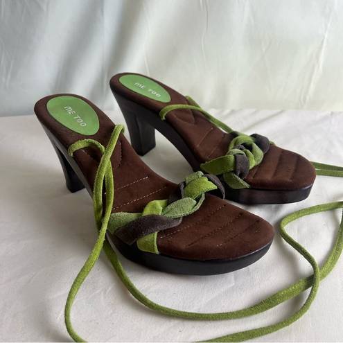 Me Too  Lace Up Heels Suede Leather Wood Block Heel Green Brown Boho Fairy 8.5