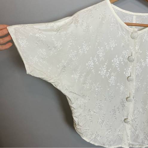 Buttons Vintage Batwing Blouse White Cream Iridescent Floral Short Sleeve Large 