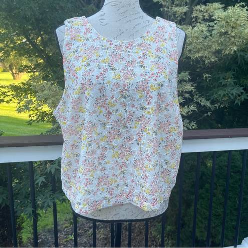 Loft  cropped eyelet embroidered floral cropped tank top blouse pink yellow Sz L