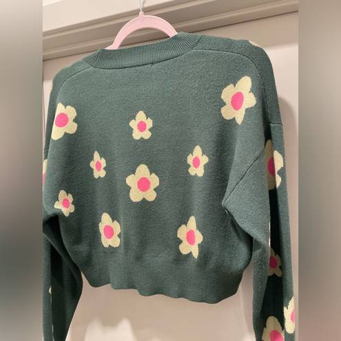 Daisy Bailey Rose Green Pink & Pale Yellow  Floral Cropped Cardigan Sweater - S