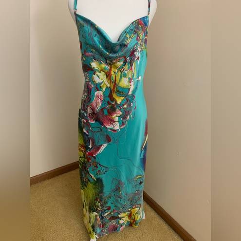 Natori  Teal and Floral Silky Chemise Slip Dress with Draped Neckline Size Small