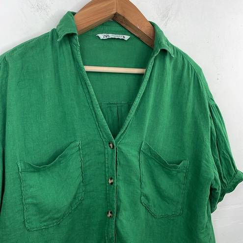 ZARA  Linen Front Button Closure Green Cropped size Medium