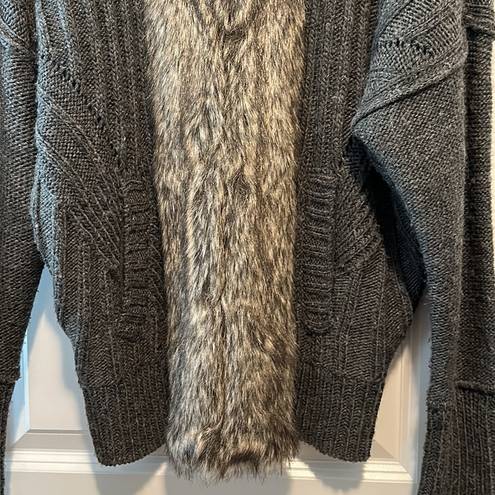 DKNY  Jeans Charcoal Gray Cardigan Sweater with Faux Fur Accent—Size Medium