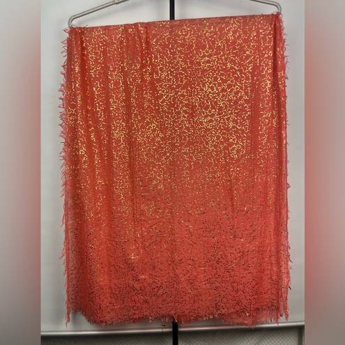 Cynthia Rowley Coral Gold Sheer Lightweight Rectangular Scarf with Fringe Hem