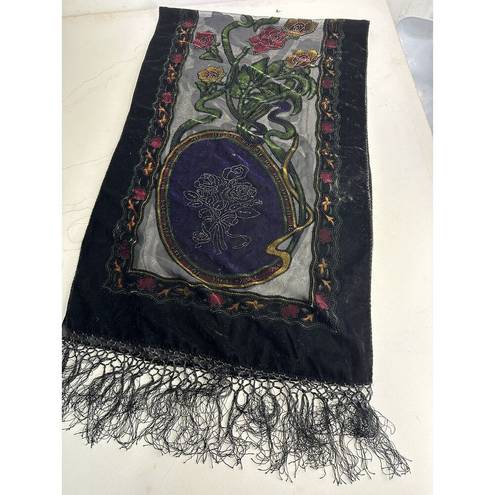 Black Velvet Floral Roses Silk Velour Sheer Table Runner Scarf Wrap