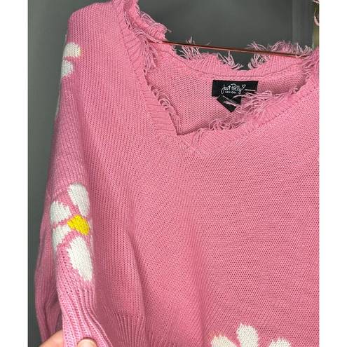 Daisy Just Polly Pink  Flower Cropped Raw Hem Distressed Sweater Size Medium