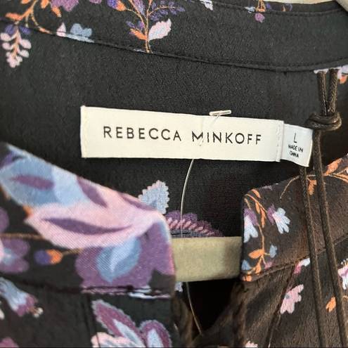 Rebecca Minkoff  Blouse Maggie Top Button Front & Neckties Sz L NWT Floral Black