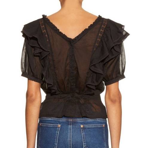 Isabel Marant 💕 ETOILE💕 Black Ruffled Nathan Blouse ~ 100% Cotton Black 34 EU