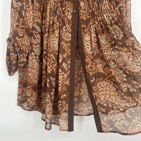 Coldwater Creek  Boho Button Up Tunic Top Cover Up Brown Sheer Pleated Size XL