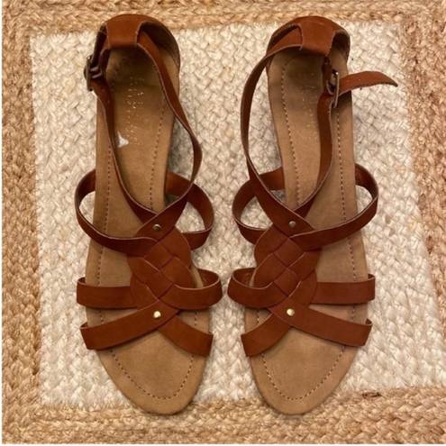 Ralph Lauren  Brown Cognac Suede Leather T-Strap Lydia Wedge Sandals Size 10