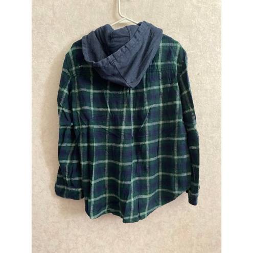 American Eagle  women's large long sleeve hooded blue / green plaid top