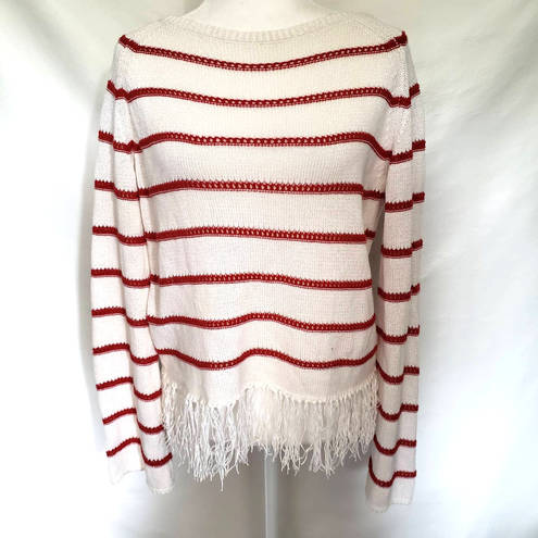 W By Worth  Womens Sweater Size S Stripe Fringe Open Knit White Red Long Sleeve