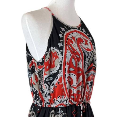 Loft Midi Dress Halter Neck Blouson Tie Waist Chiffon Black Red Women’s Large