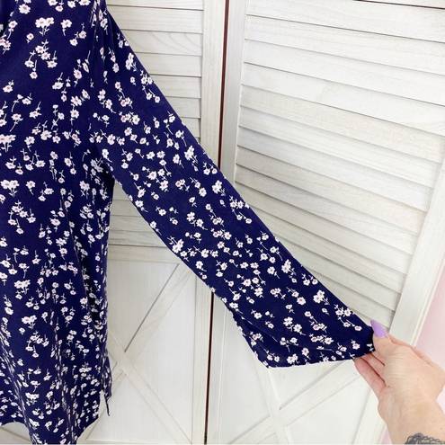 In Bloom Floral Bell Sleeve Tunic Shirt Dress Blue White Small