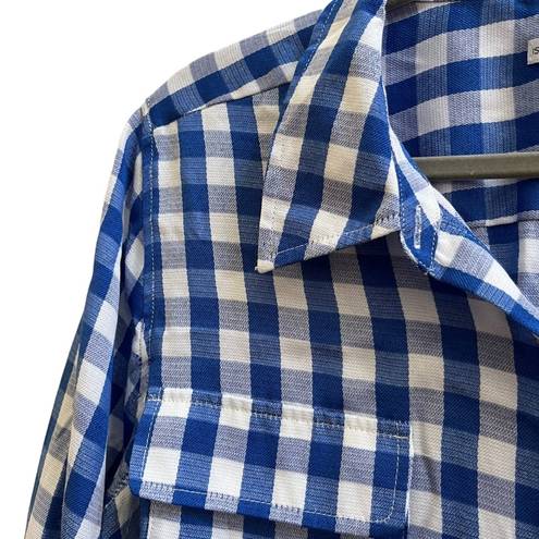 Isaac Mizrahi  Live Blue White Gingham Print Roll Tab Sleeve Button Shirt Size 16