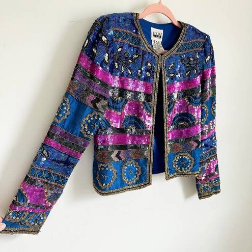 Vintage Blue  Pink Beaded Sequin Silk Blazer Jacket Mardi Gras sz Small