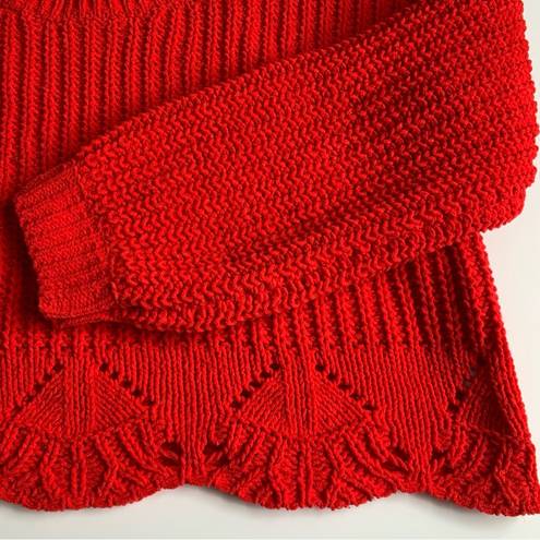 Alya  Cable Knit Chunky Bright Red Crew Neck Long Sleeve Crop Sweater Size Medium