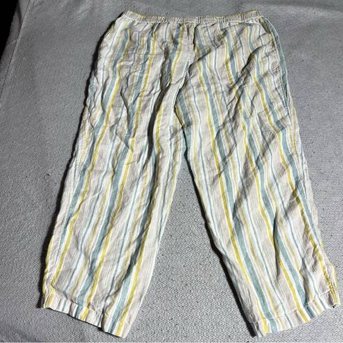 Coldwater Creek  Yellow Cream Blue Vertical Stripe 100% Linen Pull On Summer Pant