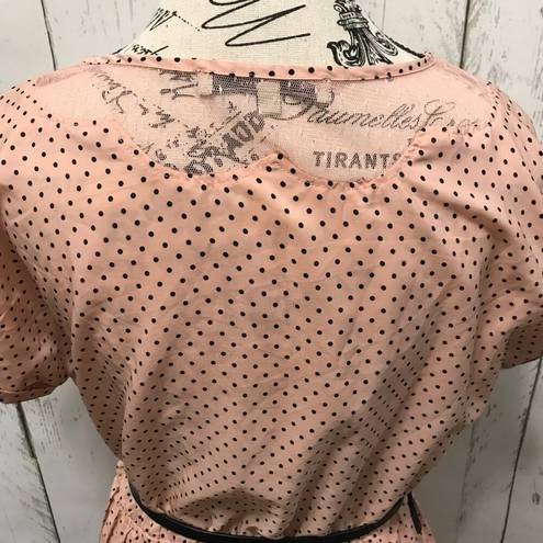 Bordeaux  Los Angeles lightweight dress in peach and black polka dots.  W/belt L