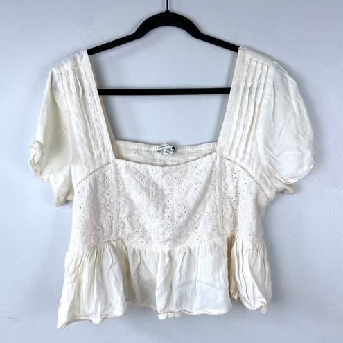 American Eagle Cropped Embroidered Babydoll Top in Cream Peplum Size Large