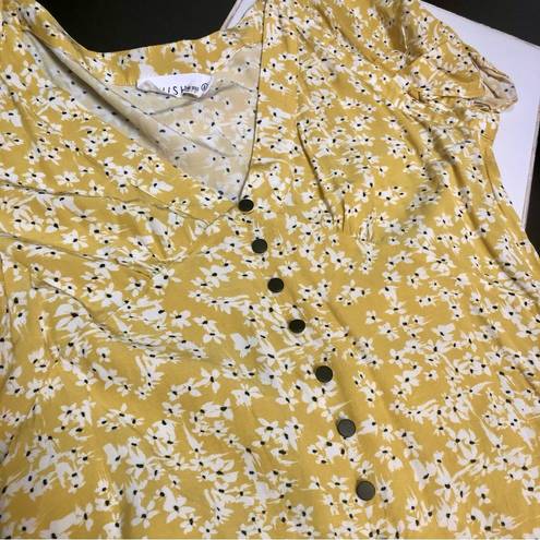 Wish Golden Bloom Floral Short Sleeve Dress V-Neck Ruffle Hem Mustard Yellow szL