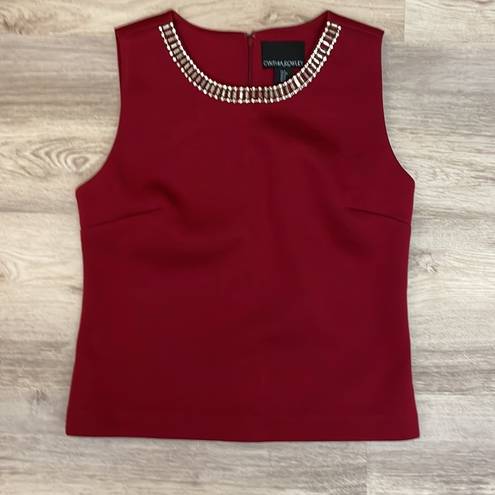 Cynthia Rowley Red with Diamond Gem Rimmed Round Neck Sleeveless Zip Back Top S