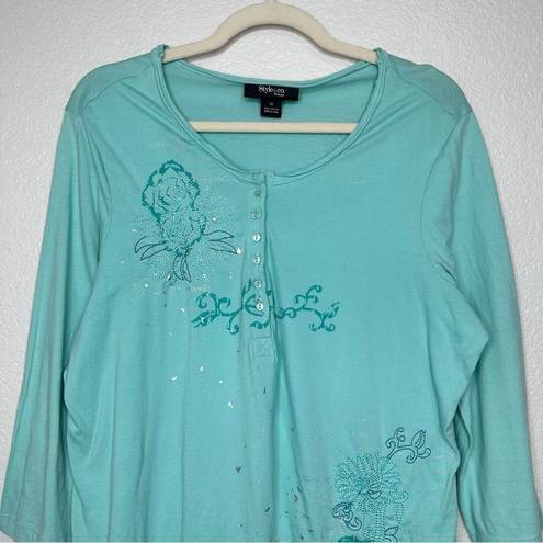 Style & Co NWT  Green Embroidered Henley 3/4 Sleeves Top