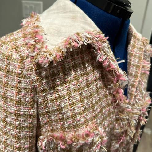 Cache Cach'e Jacket Pink Cream Woven Textured Classic Lines Sculpted Belted Blazer