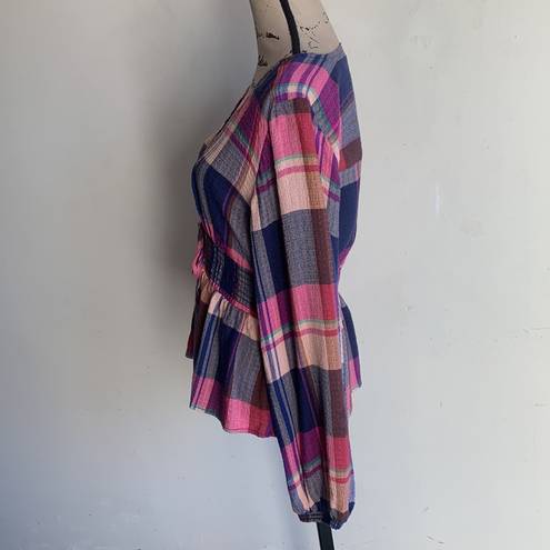 Pilcro  V-neck Plaid Smocked Peasant Top Sz Medium