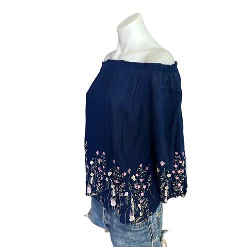 Blue Rain Blue Embroidered Peasant Top SMALL Butterfly Floral Babydoll Off Shoulder Boho