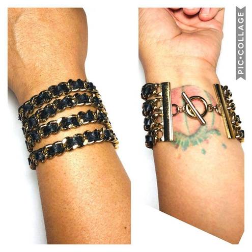 The Row Gold Chain Link Multi Bracelet with Interlaced Black Leather