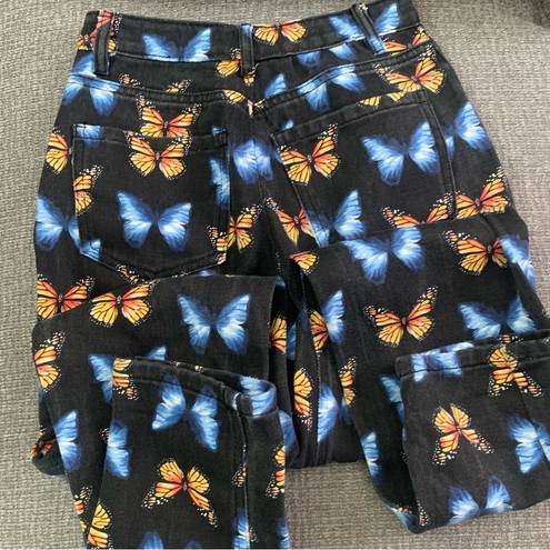 Missguided  Butterfly Jeans!  Black Denim with Orange & Blue Pattern.  Waist 26