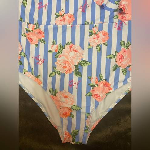 Betsey Johnson  Ruffled Blue Striped One Piece Swimsuit size XL