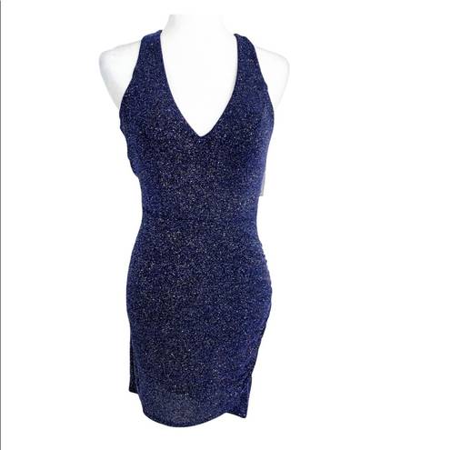 Midnight Doll  V-Neck Strappy Back Glitter Ruched Bodycon Dress Navy 3 Junior NWT