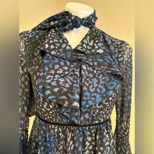 Laundry by Shelli Segal   Blue Cheetah Chiffon Sheer Mini Dress Tie On Neck