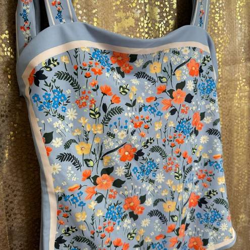 One Piece Vintage Light Blue Floral Print Reversible Tie-Shoulder  Swimsuit Large