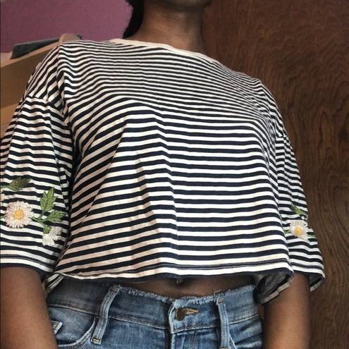 Divided Striped Embroidered Crop Top