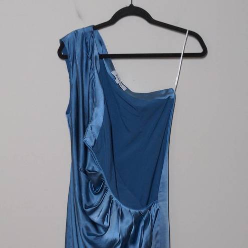 Elliatt  Cassini One Shoulder Party Dress Blue Ruched Drape Lined Midi Slit Zip S