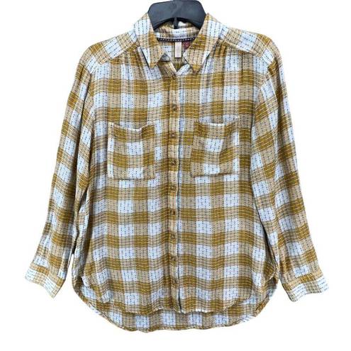 Pilcro  Anthropologie Blouse Womens S Yellow Plaid Blue Stitched Button Up Shirt