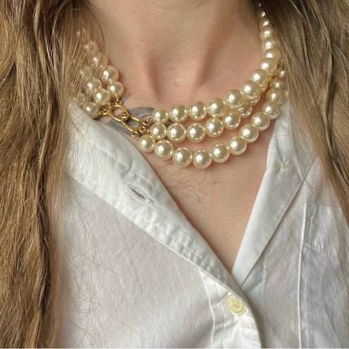 American Vintage Vintage “Morgana” Gold Hook Clasp Three Strand Pearl Necklace Chunky Statement