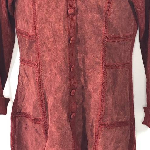 J.Jill  Rustic Red Crochet Wool Leather Patchwork Long Cardigan Sweater Jacket