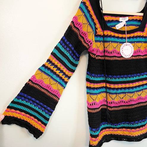 Umgee  Women's Multicolor Square Neck Crochet Knitted Pullover Sweater Large NWT