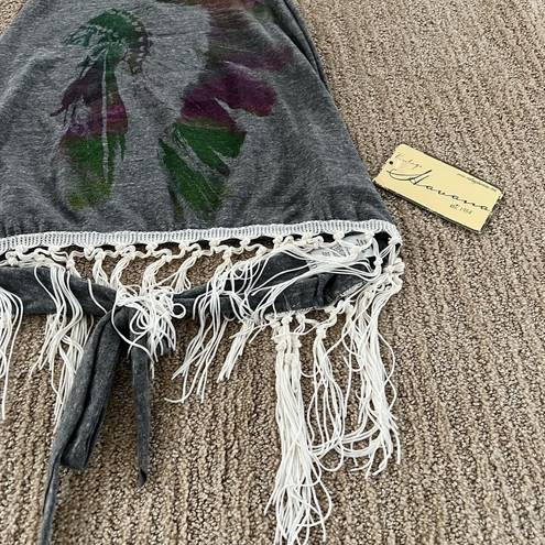 Vintage Havana  Grey Boho Open back Halter Tank Top with Fringe