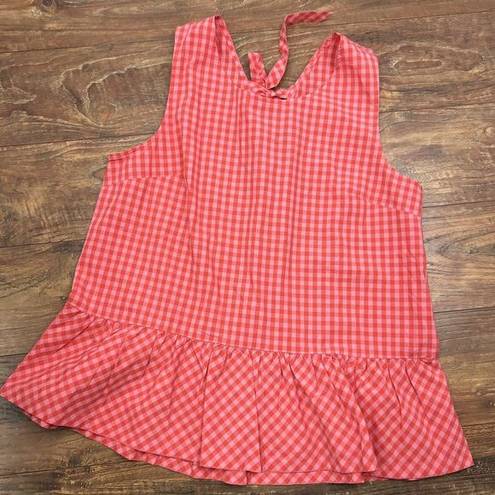 J.Crew  Red Pink Plaid Sleeveless Ruffle Hem Blouse Tie Back Tank Top Women L