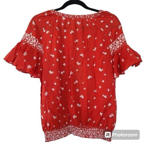 The Moon ✨Ella Top Boho Sz Large  Shirt Red Smocked Waist Ruffle Sleeve Tassel Tie✨